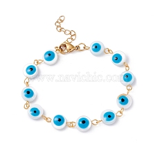 Natural Shell Flat Round with Evil Eye Link Chain Bracelet with Enamel, 304 Stainless Steel Jewelry for Women, Golden