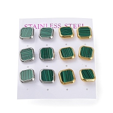 6 Pair 2 Color Square Synthetic Malachite Stud Earrings, 304 Stainless Steel Earrings