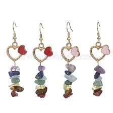 2 Pair 2 Color Natural Mixed Gemstone Chips Dangle Earrings, Alloy Enamel Heart Long Drop Earrings with 304 Stainless Steel Pins for Valentine's Day