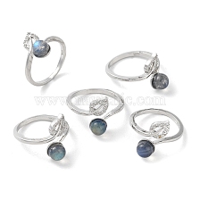 Natural Labradorite Round & Rhinestone Leaf Open Cuff Ring, Rack Plating Brass Ring for Women