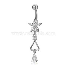 Piercing Jewelry, Brass Cubic Zirciona Navel Ring, Belly Rings, with 304 Stainless Steel Bar, Lead Free & Cadmium Free, Heart and Flower