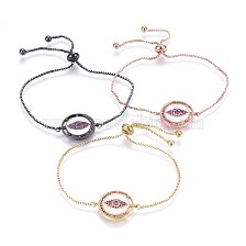 Adjustable Brass Micro Pave Cubic Zirconia Bolo Bracelets, Slider Bracelets, with Enamel, Flat Round with Evil Eye