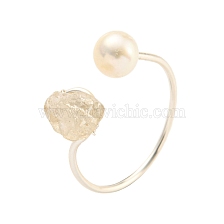 Brass Open Cuff Rings, with Yellow Quartz, Pearl, Jewely for Women