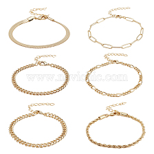 ANATTASOUL 6Pcs 6 Style Brass Twist Rope & Figaro & Paperclip & Curb Chain Bracelets Set for Women