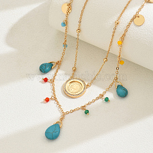 Turquoise Gemstone Necklace with Water Diamond and Gold Coin