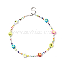 Glass Seed Bead Beaded Necklaces, Flower with Smile Face Handmade Polymer Clay Bead Necklace for Women