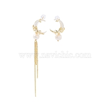 Natural Pearl & Shell Asymmetrical Stud Earrings, with Brass Findings and 925 Sterling Silver Pins, Moon