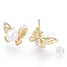 Brass Rhinestone Butterfly & Natural Pearl Stud Earrings, with 925 Sterling Silver Pins