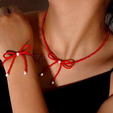 Red Pearl Bead Butterfly Bow Bracelet/Necklace Set Geometric Jewelry