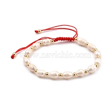 Adjustable Nylon Thread Braided Beads Bracelets, with Natural Cultured Freshwater Pearl Beads and Brass Beads, Real 18K Gold Plated