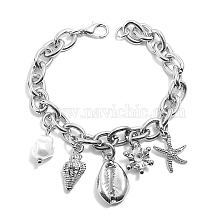 Ocean theme seashell bracelet with starfish and pearl, fashionable vacation style.