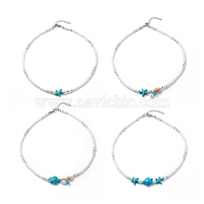 4Pcs 4 Style Natural Pearl & Shell & Dyed Synthetic Turquoise Beaded Necklaces Set, Gemstone Starfish & Tortoise Ocean Theme Necklaces for Women