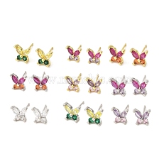 Butterfly Brass Stud Earrings, with Clear Cubic Zirconia, Long-Lasting Plated, Lead Free & Cadmium Free