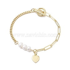 Natural Cultured Freshwater Pearl Beads Paperclip Chains Heart Charm Bracelets with Toggle Clasps for Women