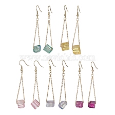 5 Pairs 5 Colors Dyed Natural Quartz Nugget Dangle Earrings, Golden Brass Long Drop Earrings