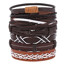 6Pcs 6 Style Adjustable Braided Imitation Leather Cord Bracelet Set with Waxed Cord for Men