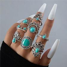 8Pcs 8 Style Synthetic Turquoise Finger Rings Sets, Crown & Flower Alloy Stackable Rings