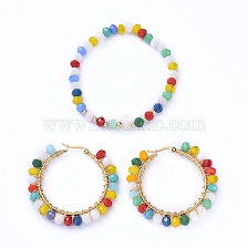 Glass Beads Jewelry Sets, Stretch Bracelets & 304 Stainless Steel Big Hoop Earrings, with Brass Beads, Golden