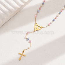 Golden Beaded Heart Cross Tassel Y Necklace for Women Fashion