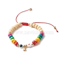 Evil Eye Star Heart Braided Bead Bracelet for Kid, Dyed Natural Wood Beads Adjustable Bracelet