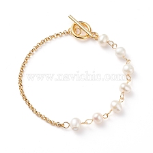 Natural Pearl Beaded Link Bracelet with 304 Stainless Steel Rolo Chains for Women