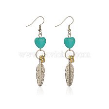 Long Dangling Howlite Heart Earrings for Women, with Antique Silver Feather Pendants, Iron Rhinestone Beads and Brass Earring Hooks, 55mm