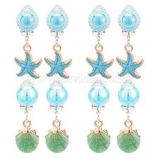 ARRICRAFT 4 Pair 2 Style Imitation Shell Enamel Dangle Clip-on Earrings, Platinum Alloy Ocean Theme Jewelry for Women