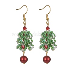 MIYUKI Delica Beaded Christmas Tree with Glass Pearl Dangle Earrings, 304 Stainless Steel Long Drop Earrings