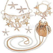 PandaHall Elite Natural Shell & Alloy Starfish Jewelry Set with ABS Imitation Pearl Beaded, Including Dangle Earrings & Rhinestone Alligator Hair Clips & Charm Bracelet & Bib Necklace