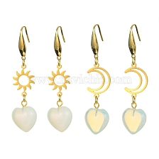 2 Pair 2 Style Opalite Heart Dangle Earrings, Moon & Sun Alloy Long Drop Earrings with 316 Surgical Stainless Steel Pins