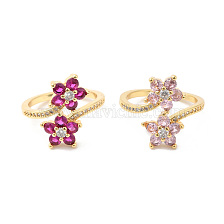 Cubic Zirconia Flower Open Cuff Rings, Real 16K Gold Plated Brass Jewelry for Women