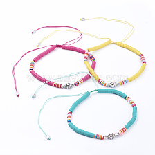 Adjustable Nylon Cord Braided Beaded Necklaces, with Polymer Clay Heishi Beads, Tibetan Style Alloy Beads and Iron Beads