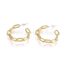 Semicircular Brass Textured Cable Chain Stud Earrings, Half Hoop Earrings, with 925 Sterling Silver Pins and Plastic Ear Nuts, Long-Lasting Plated