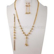 Elegant Gold Bead Tassel Pendant Earrings Necklace Bracelet Set for Women.