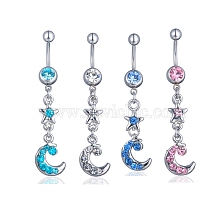 Rhinestone Moon & Star Dangle Belly Ring, Alloy Navel Ring with 316L Surgical Stainless Steel Bar for Women Piercing Jewelry