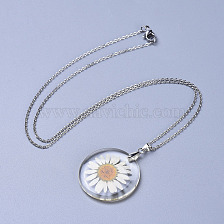 Alloy Resin Dried Flower Pendant Necklaces, with 304 Stainless Steel Cable Chains and Lobster Claw Clasps, Stainless Steel Color, Floral White, 21.3 inch(54cm)