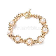 Natural Pearl Beaded Bracelet, Brass Round Braided Bracelet with 304 Stainless Steel Clasps for Women