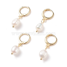 Natural Pearl Dangle Hoop Earrings, Brass Jewelry for Women