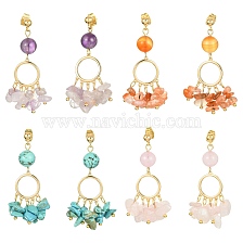 Golden Brass Ring Chandelier Earrings, Natural & Synthetic Mixed Gemstone Chips Drop Earrings