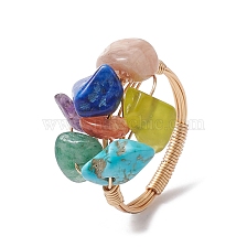 Natural & Synthetic Mixed Gemstone Chips Beaded Chakra Theme Fringer Ring, Golden Copper Wire Wrap Finger Ring