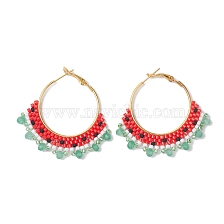 Alloy with Glass with Natural Malaysia Jade Hoop Earring, Watermelon