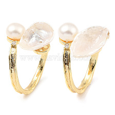 Natural Pearl Teardrop Open Cuff Ring with Clean Cubic Zirconia, Brass Ring for Women