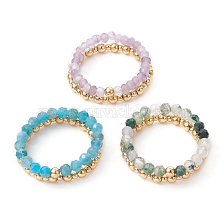 3 Set 3 Style Natural Mixed Gemstone & Brass Round Beaded Stretch Rings Set, Stackable Rings