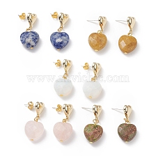 5 Pairs 5 Style Natural & Synthetic Mixed Gemstone Heart Dangle Stud Earrings, Alloy Jewelry for Women