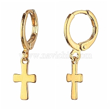 Brass Huggie Hoop Earrings, with 304 Stainless Steel Pendants, Cross