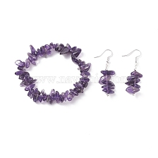 Natural Amethyst Chips Beaded Jewelry Set, Gemstone Stretch Bracelets & Dangle Earrings for Women, Platinum, 35mm, Pin: 0.5mm, Inner Diameter: 2-1/8 inch(55mm)