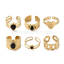 6Pcs 6 Style Crown & Teardrop & Heart 304 Stainless Steel Open Cuff Rings Set, Natural Obsidian Stackable Rings