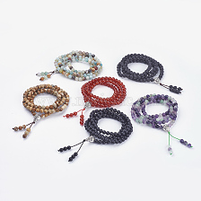 Dual-use Items, Four Loops Natural Gemstone Wrap Bracelets/Beaded Necklaces, with Alloy Findings and Burlap Packing, Antique Silver