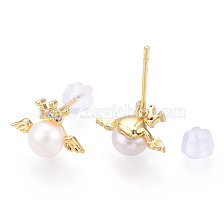 Natural Pearl Stud Earrings Micro Clear Cubic Zirconia, Brass Earrings with 925 Sterling Silver Pins, Angel