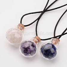 Glass Wishing Bottle Leather Cord Pendant Necklaces, with Natural Gemstone Chip Beads, 16.54 inch